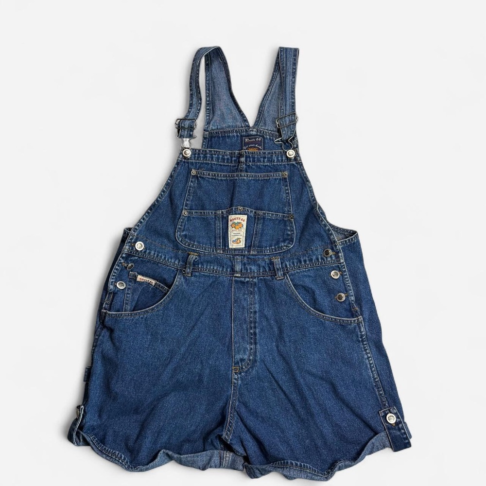 Vintage y2k Route 66 blue denim overall shorts size L